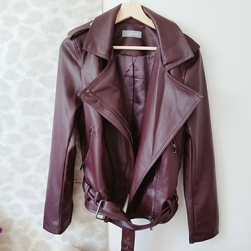 Bagatelle Burgundy Belted Moto Leather Jacket